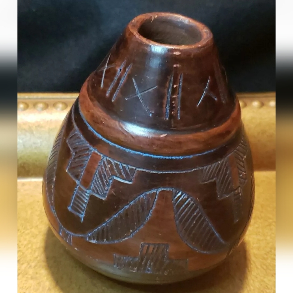 Carved Etched Small  Pottery Vase